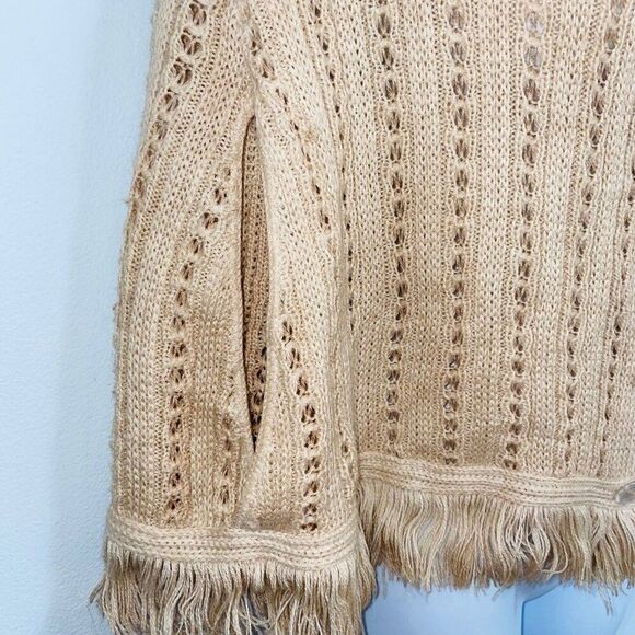 Womens Sweater Poncho OS Beige Sleeveless Cable Knit Fringe One Size - Picture 6 of 9